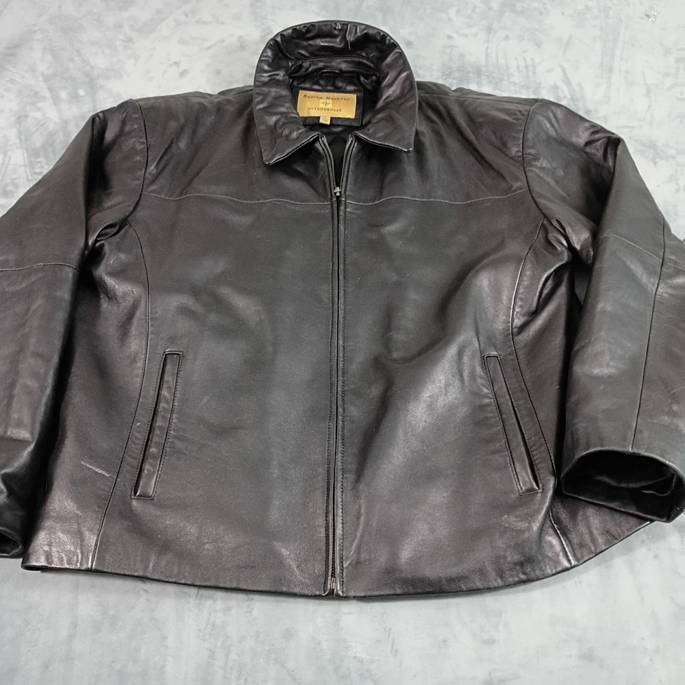 Vintage Boston Harbour Mens XL Black Leather Jacket Full Zip Quilted Lined